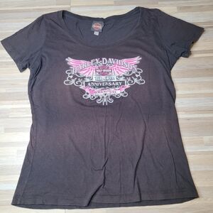 Harley-Davidson Women's XL Black & Pink 110th Anniversary Graphic Tee V Neck‎